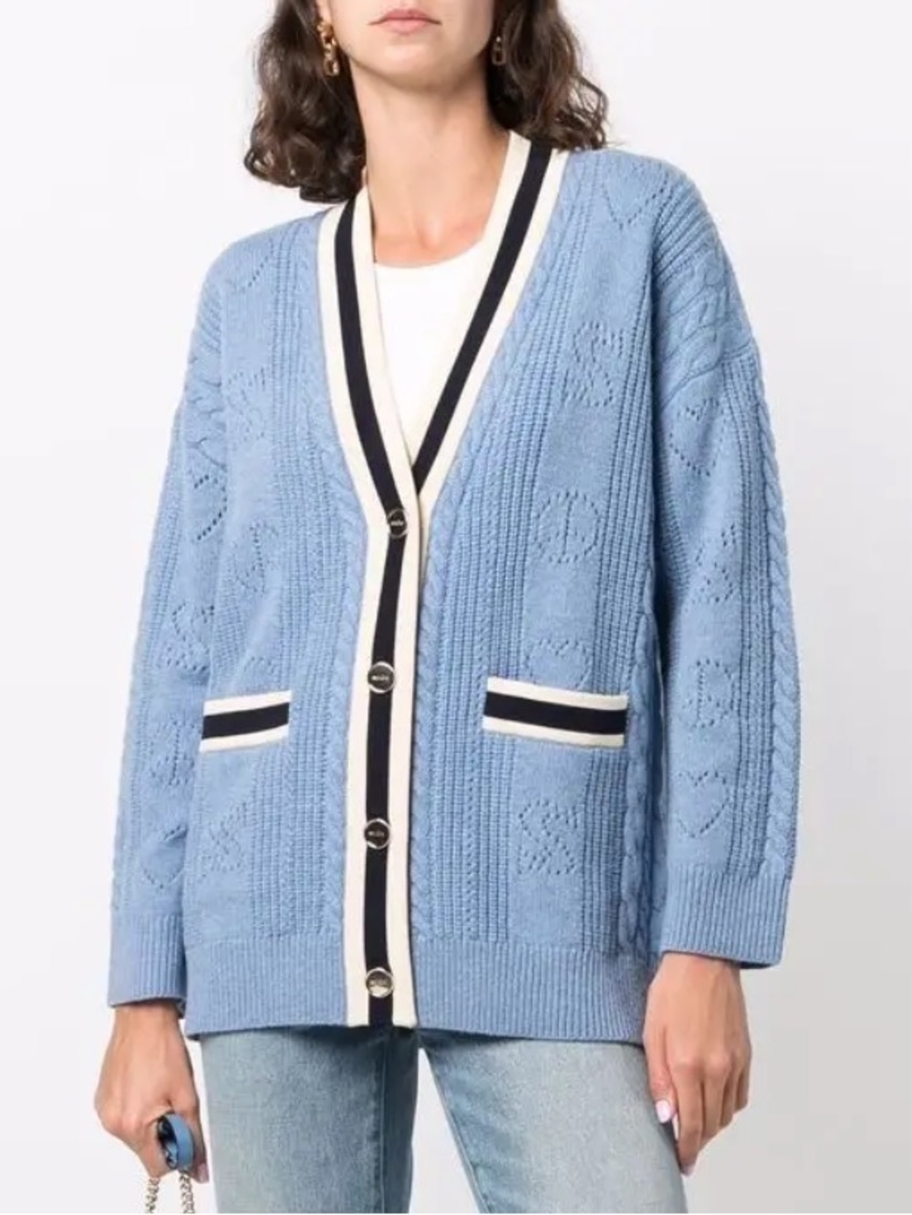 Sandro Erwan Pointelle Light Blue Knit V-Neck Cardigan with Contrast Trim